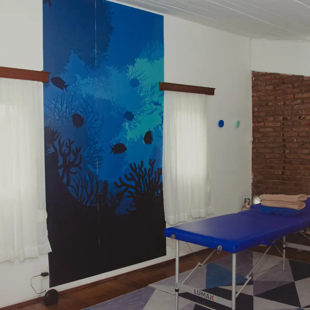 Interior de un consultorio profesional con camilla